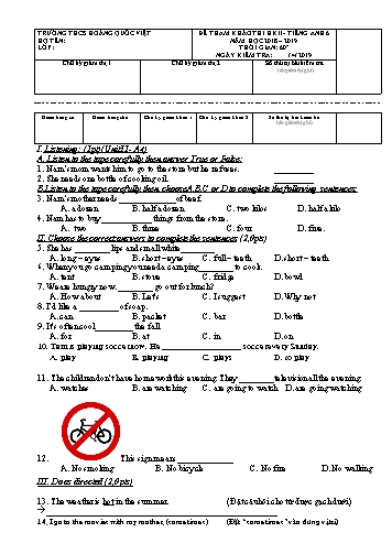 Đề thi học kỳ II Tiếng Anh 6 - Năm học 2018-2019 - Trường THCS Hoàng Quốc Việt (Có đáp án)