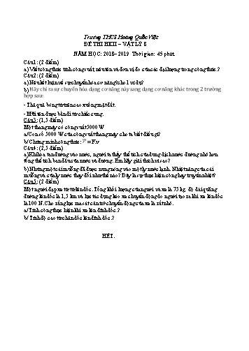 Đề thi học kỳ II Vật lý 8 - Năm học 2018-2019 - Trường THCS Hoàng Quốc Việt (Có đáp án)