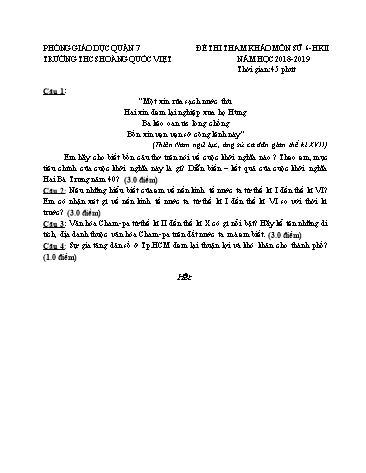 Đề thi môn Lịch sử Khối THCS - Năm học 2018-2019 - Trường THCS Hoàng Quốc Việt (Có đáp án)