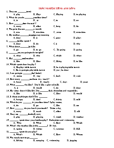 Đề trắc nghiệm ôn tập Tiếng Anh Lớp 6 - Tuần 4