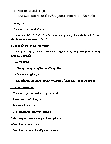 Giáo án ôn tập Công nghệ 7 - Bài 44: Chuồng nuôi và vệ sinh trong chăn nuôi