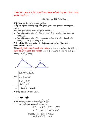 Giáo án ôn tập Hình học 8 - Tuần 25, Bài 8: Các trường hợp đồng dạng của tam giác vuông - Nguyễn Thị Thùy Hương