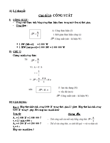 Giáo án ôn tập theo chủ đề Vật lý Lớp 8 - Chủ đề 15: Công suất