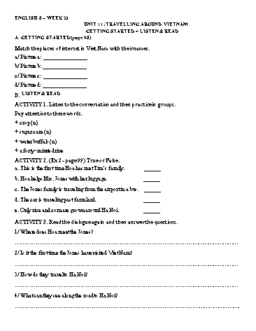 Giáo án ôn tập Tiếng Anh Lớp 8 - Unit 11: Travelling around Vietnam