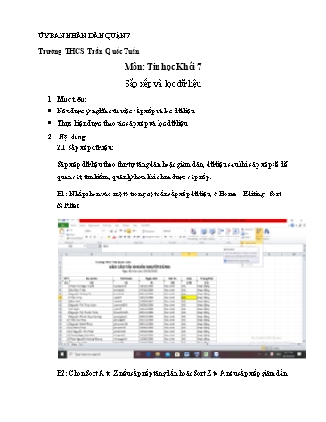 Giáo án Tin học Khối 7 - Bài: Sắp xếp và lọc dữ liệu - Trường THCS Trần Quốc Tuấn