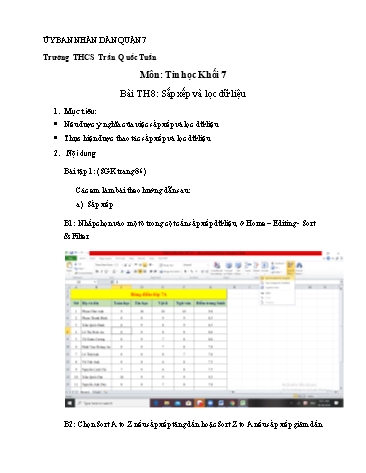 Giáo án Tin học Khối 7 - Bài thực hành 8: Sắp xếp và lọc dữ liệu - Trường THCS Trần Quốc Tuấn