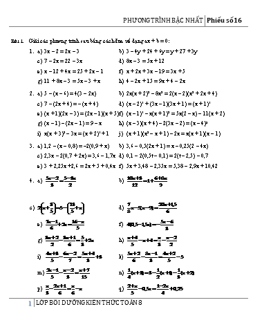 Phiếu bài tập số 16 môn Toán Lớp 8 - Bài tập phương trình bậc nhất 1 ẩn
