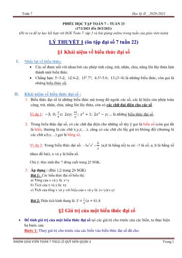 Phiếu học tập Toán Lớp 7 - Tuần 23 - Năm học 2020-2021 - TrườngTHCS Lê Quý Đôn