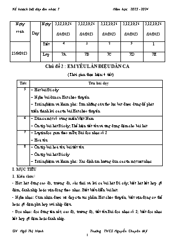 Giáo án Âm nhạc 7 - Chủ đề 2: Em yêu làn điệu dân ca - Năm học 2023-2024 - Ngô Thị Hạnh