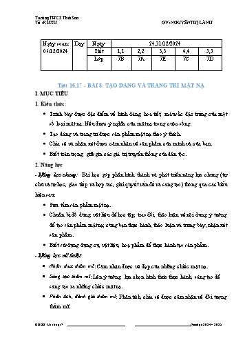 Giáo án Mĩ thuật 7 - Bài 8: Tạo dáng và trang trí mặt nạ - Năm học 2024-2025 - Nguyễn Thị Lành