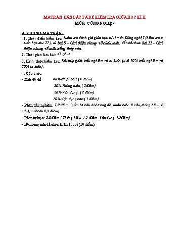 Đề đánh giá giữa học kỳ II môn Công nghệ 7 - Năm học 2023-2024 (Có đáp án + Ma trận)