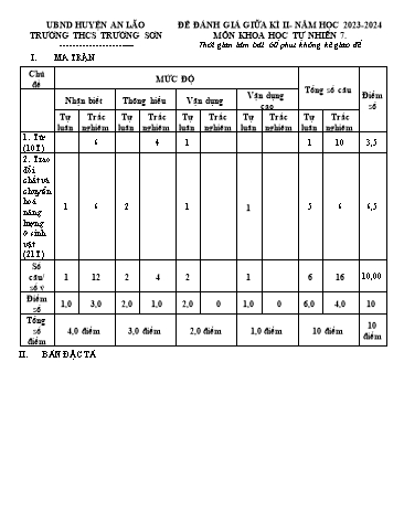 Đề đánh giá giữa kì II Khoa học tự nhiên 7 - Năm học 2023-2024 - Trường THCS Trường Sơn (Có đáp án + Ma trận)