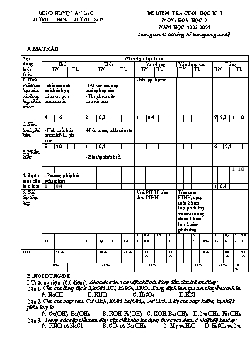 Đề kiểm tra cuối học kì I Hóa học 9 - Năm học 2023-2024 - Trường THCS Trường Sơn (Có đáp án + Ma trận)