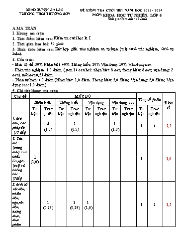 Đề kiểm tra cuối học kì I Khoa học tự nhiên 6 - Năm học 2023-2024 - Trường THCS Trường Sơn (Có đáp án + Ma trận)