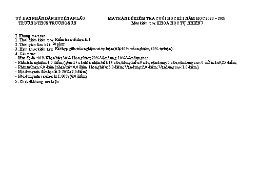 Đề kiểm tra cuối học kì I Khoa học tự nhiên 7 - Năm học 2023-2024 - Trường THCS Trường Sơn (Có đáp án + Ma trận)