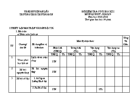 Đề kiểm tra cuối học kì I Lịch sử + Địa lí 6 - Năm học 2023-2024 - Trường THCS Trường Sơn (Có đáp án + Ma trận)