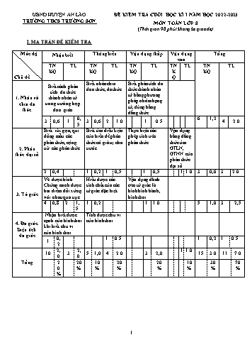 Đề kiểm tra cuối học kì I Toán 8 - Năm học 2022-2023 - Trường THCS Trường Sơn (Có đáp án + Ma trận)