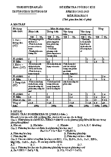 Đề kiểm tra cuối học kì II Hóa học 8 - Năm học 2022-2023 - Trường THCS Trường Sơn (Có đáp án + Ma trận)