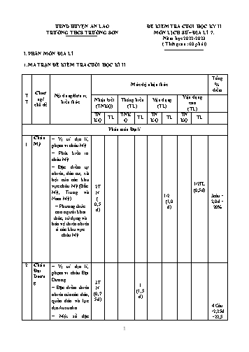 Đề kiểm tra cuối học kì II Lịch sử + Địa lí 7 - Năm học 2022-2023 - Trường THCS Trường Sơn (Có đáp án + Ma trận)