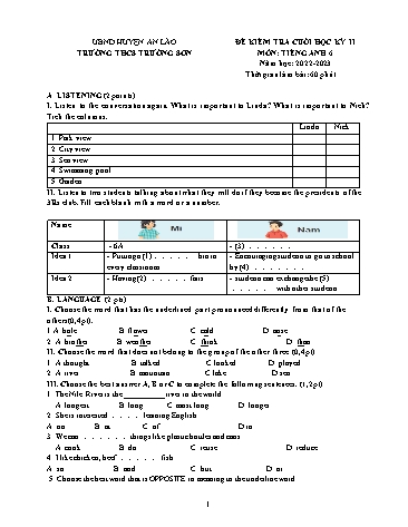 Đề kiểm tra cuối học kì II Tiếng Anh 6 - Năm học 2022-2023 - Trường THCS Trường Sơn (Có đáp án + Ma trận)