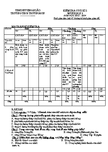Đề kiểm tra cuối kì I Địa lí 9 - Năm học 2023-2024 - Trường THCS Trường Sơn (Có đáp án + Ma trận)