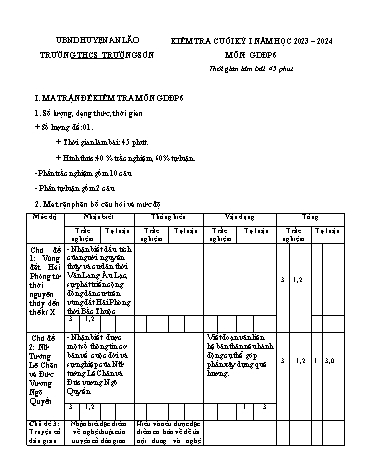 Đề kiểm tra cuối kì I Giáo dục địa phương 6 - Năm học 2023-2024 - Trường THCS Trường Sơn (Có đáp án + Ma trận)