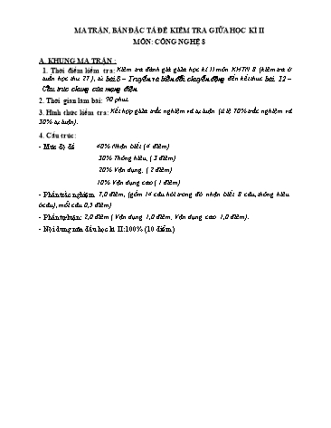 Đề kiểm tra đánh giá giữa học kỳ II môn Công nghệ 8 - Năm học 2023-2024 (Có đáp án + Ma trận)