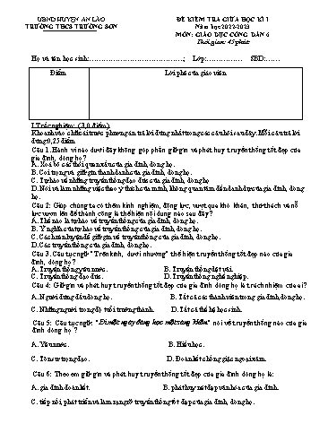 Đề kiểm tra giữa học kì I Giáo dục công dân 6 - Năm học 2022-2023 - Trường THCS Trường Sơn (Có đáp án)