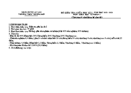 Đề kiểm tra giữa học kì I Khoa học tự nhiên 7 - Năm học 2022-2023 - Trường THCS Trường Sơn (Có đáp án + Ma trận)
