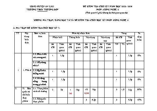 Đề kiểm tra giữa học kì I môn Công nghệ 6 - Năm học 2023-2024 - Trường THCS Trường Sơn (Có đáp án + Ma trận)