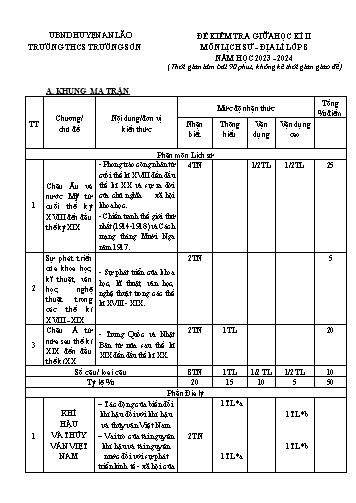 Đề kiểm tra giữa học kì II Địa lí 8 - Năm học 2023-2024 - Trường THCS Trường Sơn (Có đáp án + Ma trận)