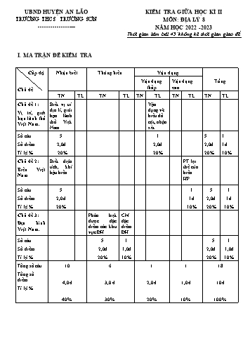Đề kiểm tra giữa học kì II Địa Lý 8 - Năm học 2022-2023 - Trường THCS Trường Sơn (Có đáp án + Ma trận)