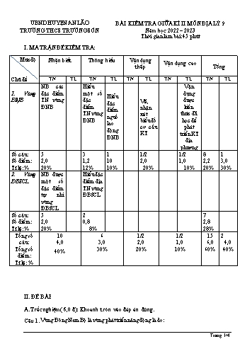 Đề kiểm tra giữa học kì II Địa Lý 9 - Năm học 2022-2023 - Trường THCS Trường Sơn (Có đáp án + Ma trận)