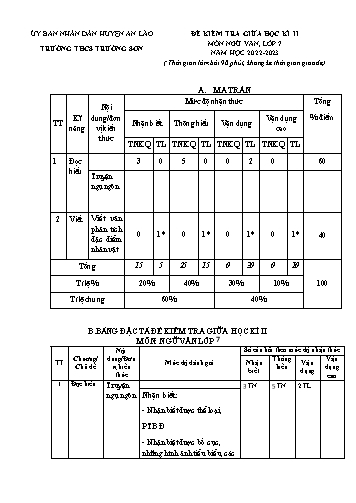 Đề kiểm tra giữa học kì II Ngữ Văn 7 - Năm học 2022-2023 - Trường THCS Trường Sơn (Có đáp án + Ma trận)