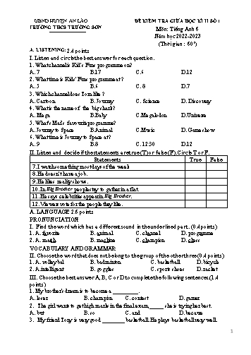 Đề kiểm tra giữa học kì II Tiếng Anh 6 - Năm học 2022-2023 - Trường THCS Trường Sơn (Có đáp án)