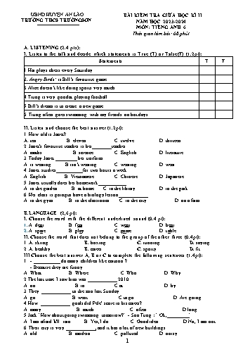 Đề kiểm tra giữa học kì II Tiếng Anh 6 - Năm học 2023-2024 - Trường THCS Trường Sơn (Có đáp án + Ma trận + File nghe)