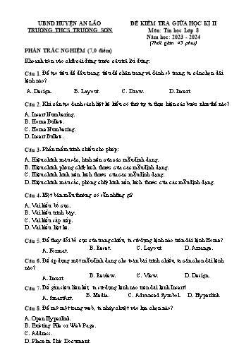 Đề kiểm tra giữa học kì II Tin học 8 - Năm học 2023-2024 - Trường THCS Trường Sơn (Có đáp án + Ma trận)