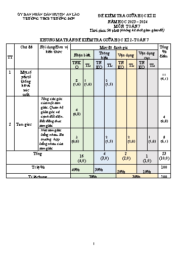 Đề kiểm tra giữa học kì II Toán 7 - Năm học 2023-2024 - Trường THCS Trường Sơn (Có đáp án + Ma trận)