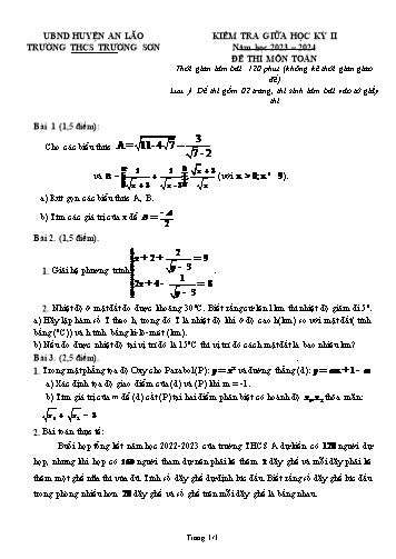 Đề kiểm tra giữa học kì II Toán 9 - Năm học 2023-2024 - Trường THCS Trường Sơn (Có đáp án)