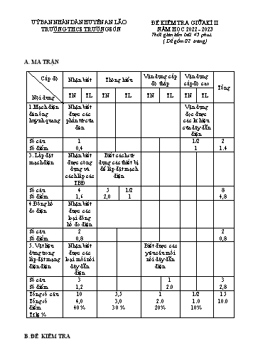 Đề kiểm tra giữa học kì II Vật lí 9 - Năm học 2022-2023 - Trường THCS Trường Sơn (Có đáp án + Ma trận)