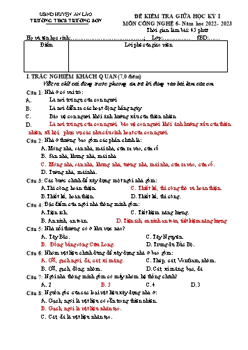 Đề kiểm tra giữa kì I Công nghệ 6 - Năm học 2022-2023 - Trường THCS Trường Sơn (Có đáp án + Ma trận)