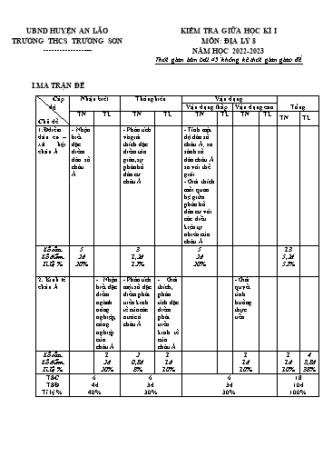 Đề kiểm tra giữa kì I Địa lý 8 - Năm học 2022-2023 - Trường THCS Trường Sơn (Có đáp án + Ma trận)