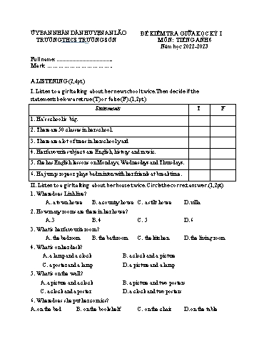 Đề kiểm tra giữa kì I Tiếng Anh 6 - Năm học 2022-2023 - Trường THCS Trường Sơn