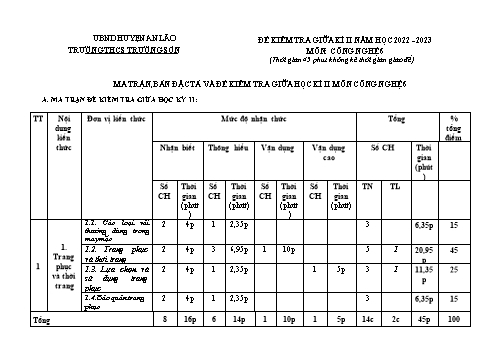 Đề kiểm tra giữa kì II Công nghệ 6 - Năm học 2022-2023 - Trường THCS Trường Sơn (Có đáp án + Ma trận)