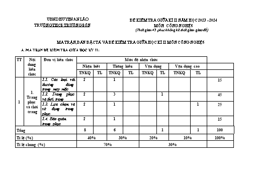 Đề kiểm tra giữa kì II Công nghệ 6 - Năm học 2023-2024 - Trường THCS Trường Sơn (Có đáp án + Ma trận)