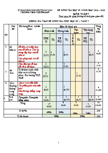 Đề kiểm tra học kì I Toán Lớp 7 - Năm học 2022-2023 - Trường THCS Trường Sơn (Có đáp án + Ma trận)