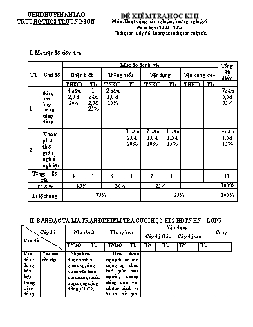 Đề kiểm tra học kỳ II Hoạt động trải nghiệm hướng nghiệp 7 - Năm học 2022-2023 - Trường THCS Trường Sơn (Có đáp án + Ma trận)