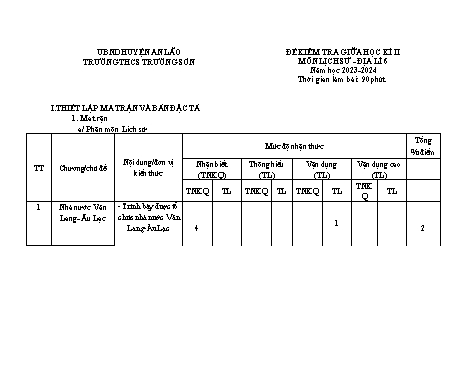 Đề kiểm tra học kỳ II Lịch sử và Địa lí 6 - Năm học 2023-2024 - Trường THCS Trường Sơn (Có đáp án + Ma trận)