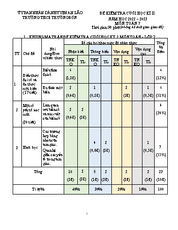 Đề kiểm tra học kỳ II Toán 7 - Năm học 2022-2023 - Trường THCS Trường Sơn (Có đáp án + Ma trận)