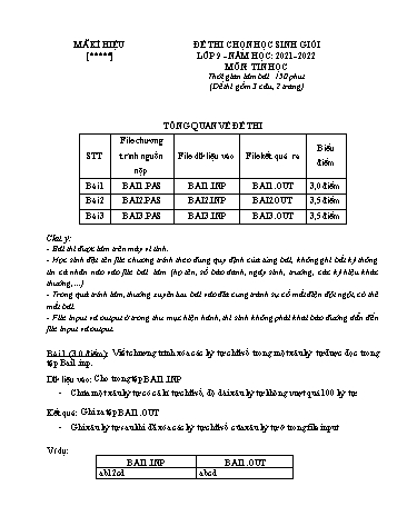 Đề thi chọn học sinh giỏi môn Tin học 9 - Năm học 2021-2022 (Có đáp án)